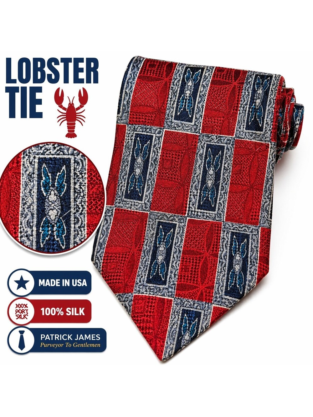 Patrick James Silk Tie Red Lobster Novelty Geometric Made USA Mens Necktie